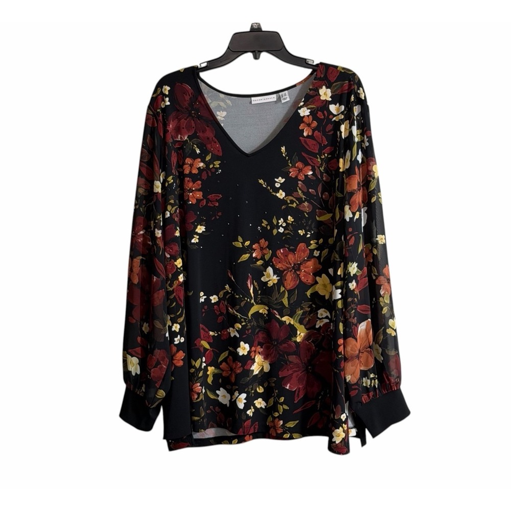 Susan Graver Liquid Knit Floral Tunic Top 3XL Black Embellished Fall Autum